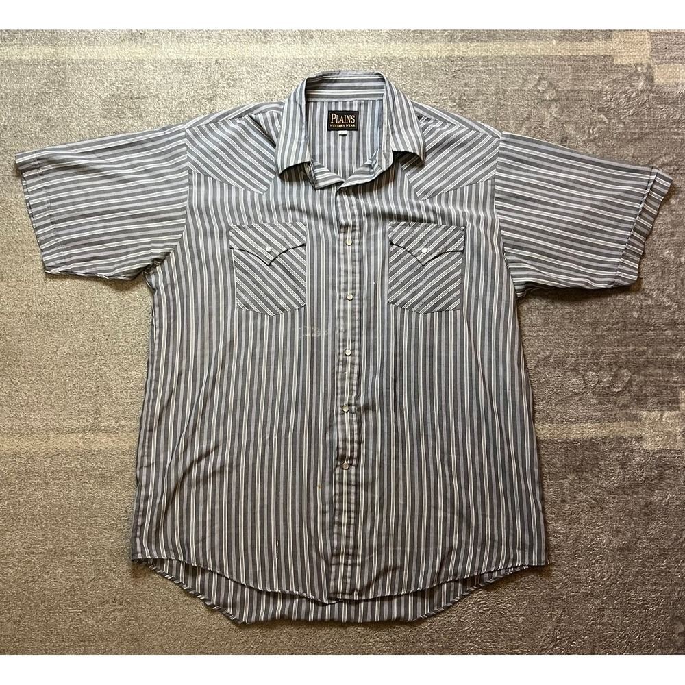 Vintage Plains Western Wear Striped Short Sleeve Pearl Snap Shirt Gray Large